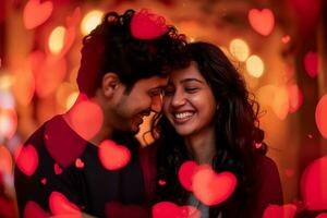 ai generado indio yung sonriente Pareja retrato tiernamente rodeado por romántico atmósfera de flotante corazones. foto