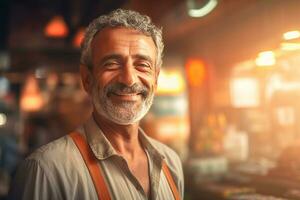 AI generated A happy shopkeeper, light blurry store in background, closeup, photo