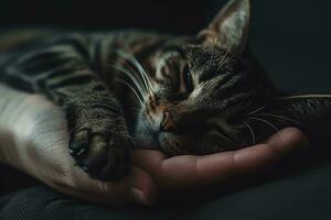 AI generated Cute cat laying on the hand photo