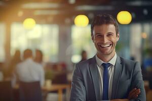 AI generated A happy smiling professional man, light blurry office background, closeup view photo