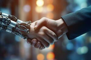 AI generated Handshake human and robot on electronic bokeh background photo