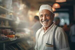 AI generated A happy shopkeeper, light blurry store in background, closeup, photo