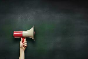 AI generated Hand holding megaphone over chalkboard background with copy space photo