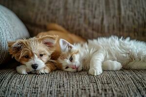 ai generado pequeño blanco perrito y gato descansando en un sofá foto