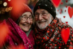 AI generated Elderly smiling couple portrait tenderly surrounded by romantic atmosphere of floating hearts. photo