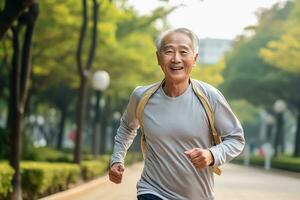 AI generated portrait photography of happy senior citizen who is jogging for finesse photo