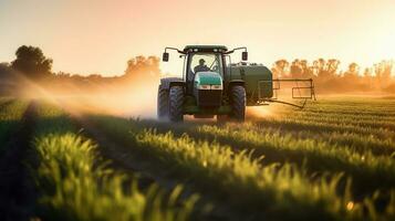 AI generated A tractor sprays pesticides on plantation, farming photo