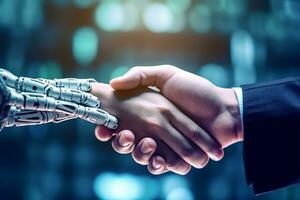 AI generated Handshake human and robot on electronic bokeh background photo