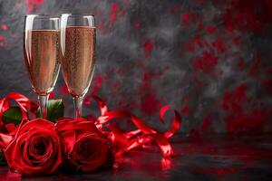 AI generated Champagne glass with rose flower bouquet and bokeh light background, Happy valentine's day concept photo