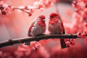 ai generado mariposas en rojo color antecedentes rodeado por romántico atmósfera de flotante corazones. contento enamorado día concepto foto