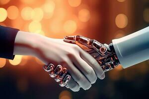 AI generated Handshake human and robot on electronic bokeh background photo