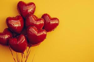 AI generated Red heart shaped balloons on yellow background, Saint Valentine's day celebration photo