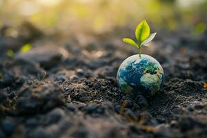 ai generado global tierra en suelo en bosque con helechos y Dom brillar foto