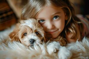 AI generated Little girl with her puppy at home photo