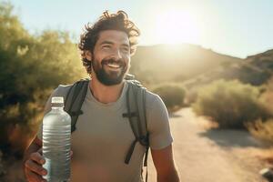 AI generated A happy smiling man who is walking, he is holding a water bottle photo