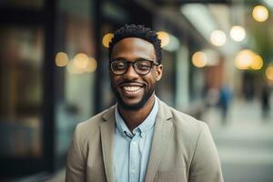 AI generated A happy professional black man, light blurry background photo