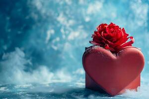 AI generated Red gifts with rose flowers on blue cloudy background, Happy valentine day concept photo