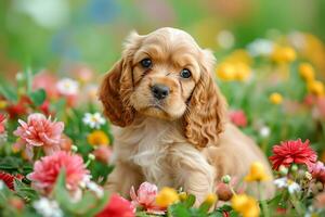 AI generated American cocker spaniel puppy very cute eyes with flowers photo