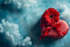 ai generado rojo regalos con Rosa flores en azul nublado fondo, contento enamorado día concepto foto