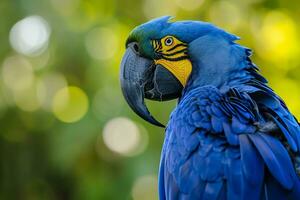 AI generated Adorable pose of vivid blue Hyacinth Macaw with blurry green forest photo