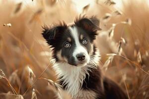 AI generated Border collie puppy in a stubblefield photo