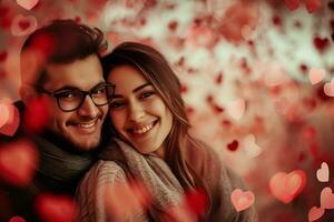 AI generated Yung smiling couple portrait tenderly surrounded by romantic atmosphere of floating hearts. photo