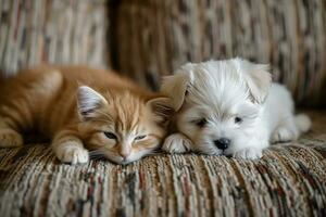 AI generated Small white puppy and cat lounging on a couch photo