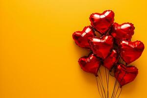 AI generated Red heart shaped balloons on yellow background, Saint Valentine's day celebration photo