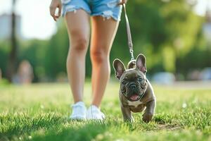 AI generated American woman is playing with her french bulldog puppy while walking in the dog park at grass lawn photo