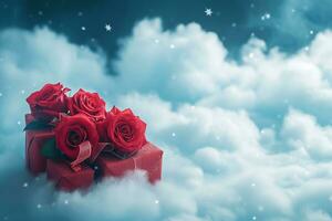 ai generado rojo regalos con Rosa flores en cielo azul nubes, contento enamorado día concepto foto