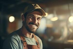 AI generated A happy plumber man and blurry background, closeup photo