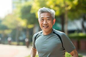 AI generated portrait photography of happy senior citizen who is jogging for finesse photo