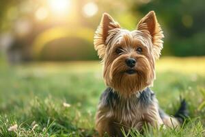 ai generado Yorkshire terrier perro hermosa primavera retrato perrito caminar en verde parque foto