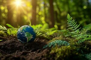 AI generated Global Earth On Soil In Forest With Ferns And Sun Shine photo