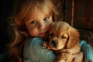 AI generated Little girl with her puppy at home photo