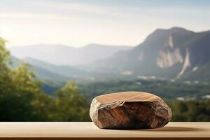 AI generated Stone podium in nature for product display, landscape view in background photo