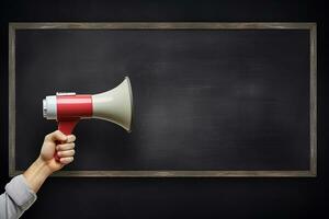 AI generated Hand holding megaphone over chalkboard background with copy space photo