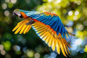 ai generado guacamayo loro en vuelo foto