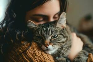 ai generado retrato de un joven mujer con un húngaro puntero un pequeño gatito en su brazos acostado a hogar foto