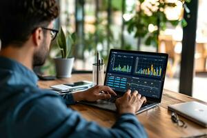 AI generated Businessman or data scientist working on laptop with business dash board analytics chart metrics photo