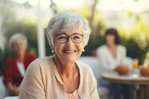 AI generated Happy senior citizen woman, light blurry garden view in background photo