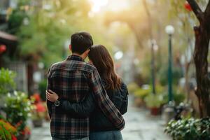 ai generado joven Pareja caminando juntos en flor jardín, contento San Valentín día concepto foto