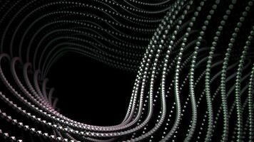 Curved 3d lines of dots move on black background. Design. Dots move in curved volumetric flow. Point flow with 3d effect and geometric curves in dark space photo