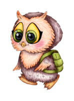 Watercolor illustration  owl going to school with a green backpack. Back to school. Ideal for shirts, cards, prints. Isolated. Drawn by hand. png