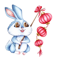 Watercolor illustration of a blue rabbit with red Chinese lanterns. Holiday, celebration, New Year. Ideal for t-shirts, cards, prints. isolated. Drawn by hand. png