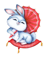 Watercolor illustration of a blue rabbit sitting on a red pillow under an umbrella. Holiday, celebration, New Year. Ideal for t-shirts, cards, prints. Isolated Drawn by hand. png