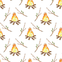 Watercolor illustration pattern of marshmallows roasted on fire, on a stick. Outdoor recreation, camping. For the design of design compositions on the theme of tourism, hiking, outdoor recreation. png