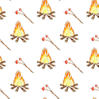 Watercolor illustration of a pattern of campfire and mushrooms on a stick. Roast on an open fire. For the design of design compositions on the theme of tourism, hiking, outdoor recreation. isolated png