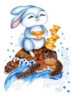 Watercolor illustration blue rabbit floats on a turtle with gold bars, yuan bao. Holiday, celebration, New Year. Ideal for t-shirts, cards, prints. Isolated. Drawn by hand. png