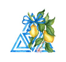 waterverf illustratie van een takje met geel rijp citroenen en blauw driehoeken patroon. geïsoleerd . composities voor affiches, kaarten, spandoeken, flyers, dekt, speelbiljetten en veel meer. png